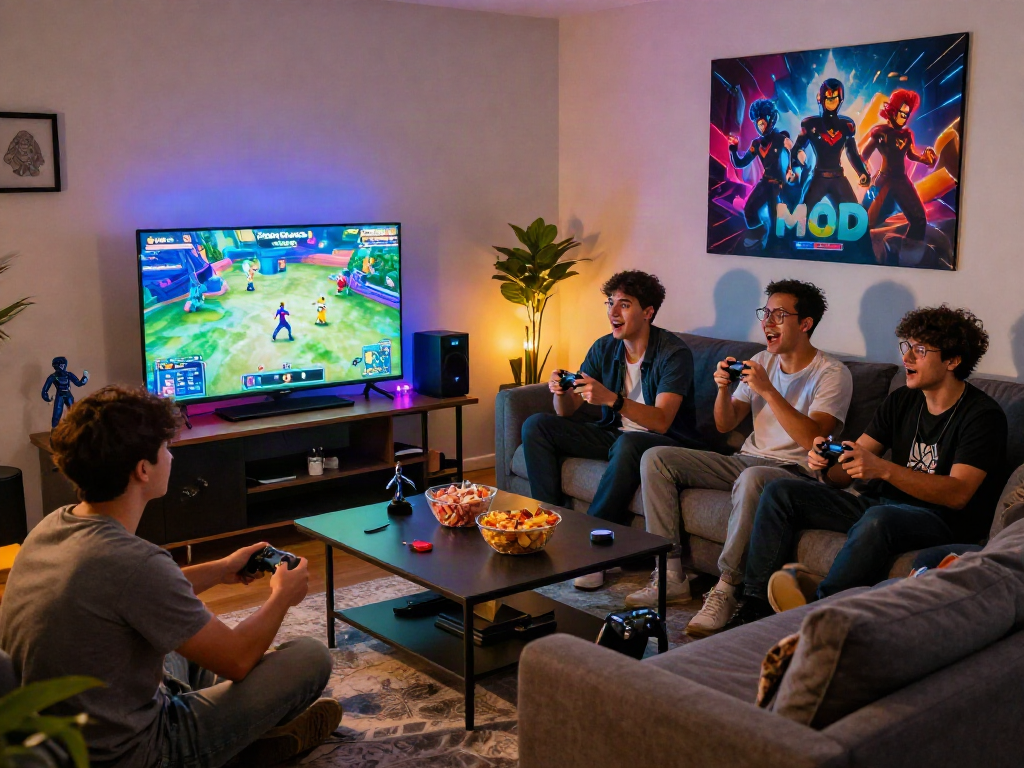 Group immersed in MOD Games gaming session in lively atmosphere