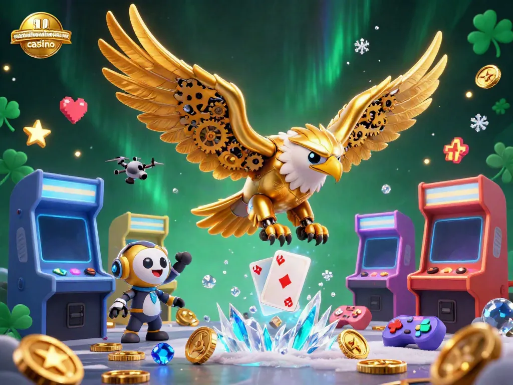 Experience the excitement at australianonlinecasino casino with a vivid 3D scene of a cybernetic golden eagle, holographic cards, and arcade elements.