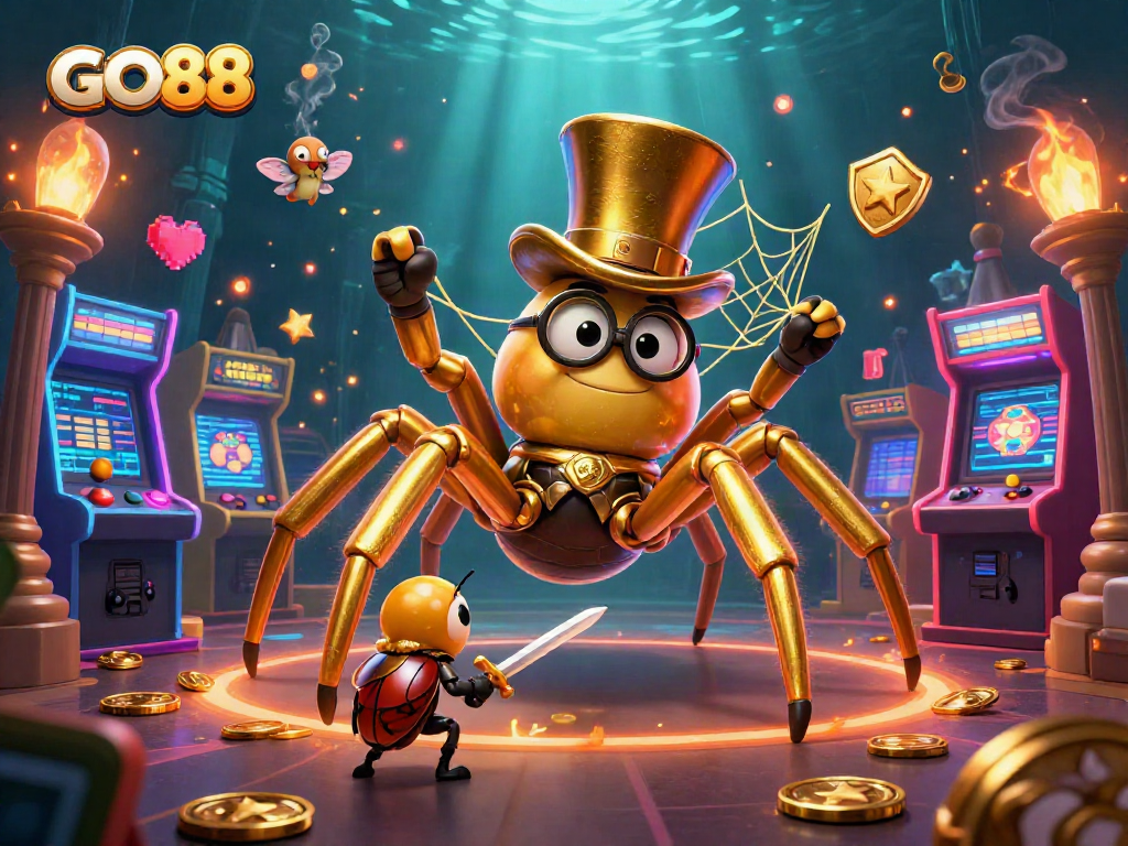 Experience GO88's thrilling world with a giant tarantula and beetle knight in a vivid casino scene.