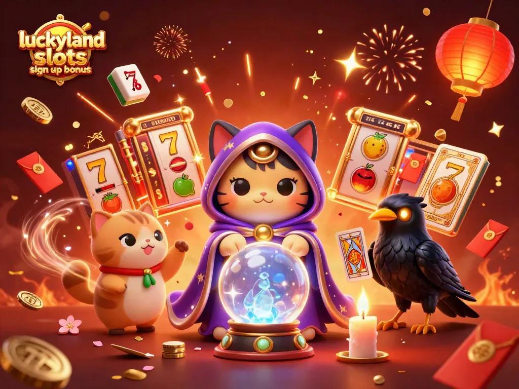 Win with the luckyland slots sign up bonus featuring mystical characters and vibrant elements.