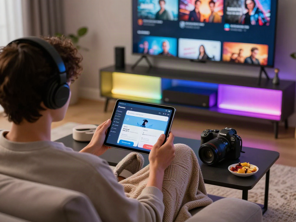 Pikashow app user enjoying streaming content on a tablet in a cozy entertainment setting.