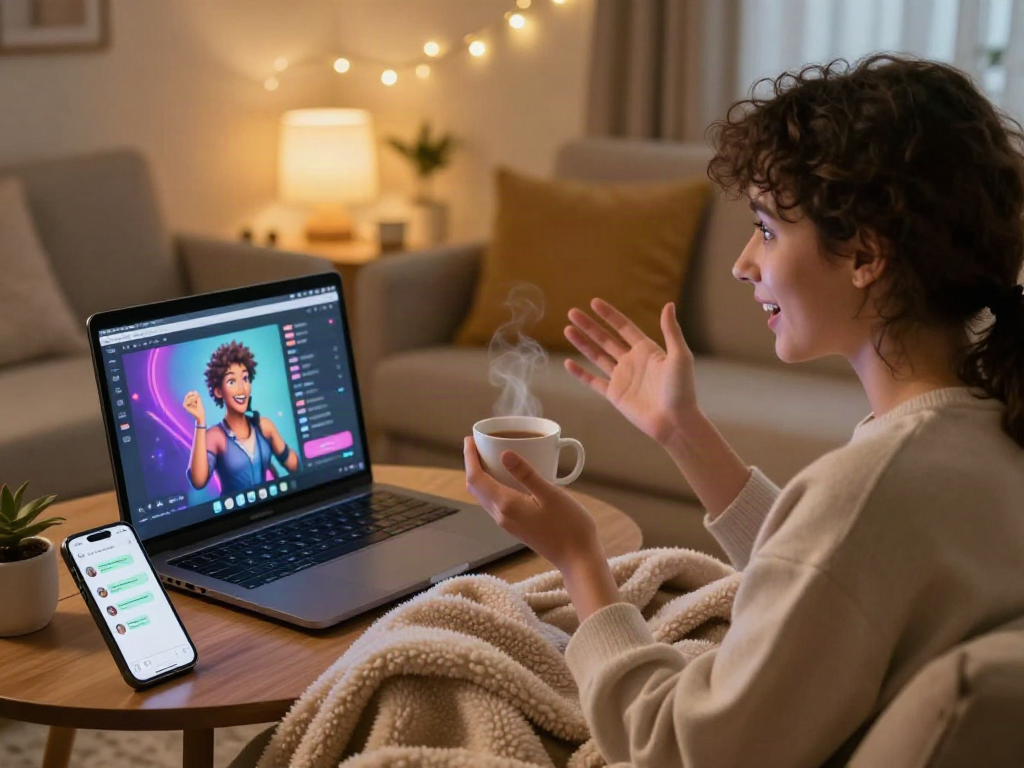 Engaging character AI nsfw scene in a cozy digital interaction setting.