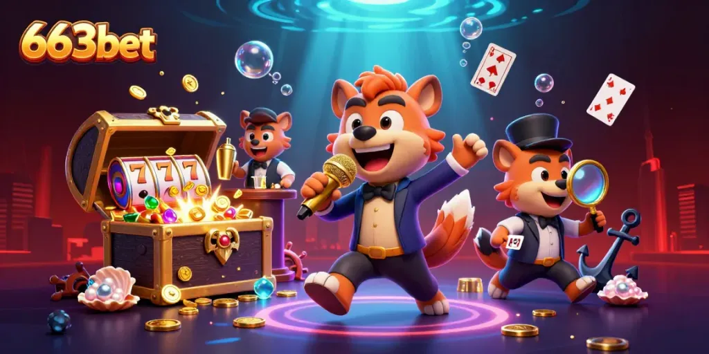 Engage with 663bet's thrilling casino atmosphere featuring hyenas as lively entertainers and captivating games.