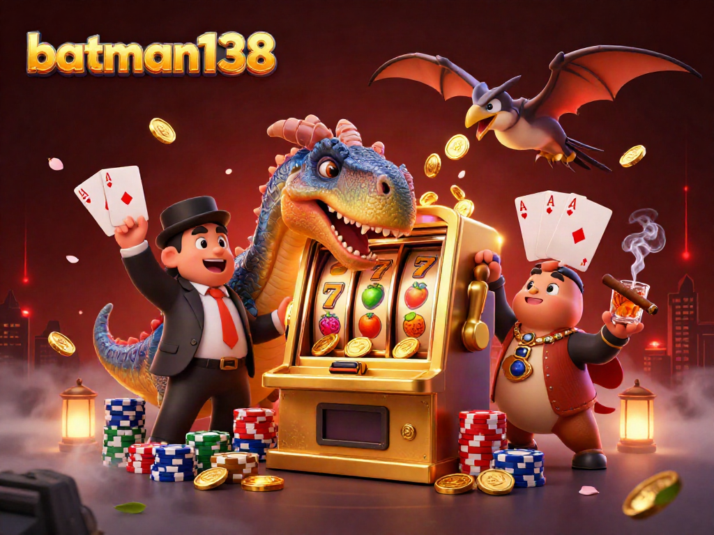 Batman138 offers thrilling casino moments as dinosaurs interact with winning slot machines.