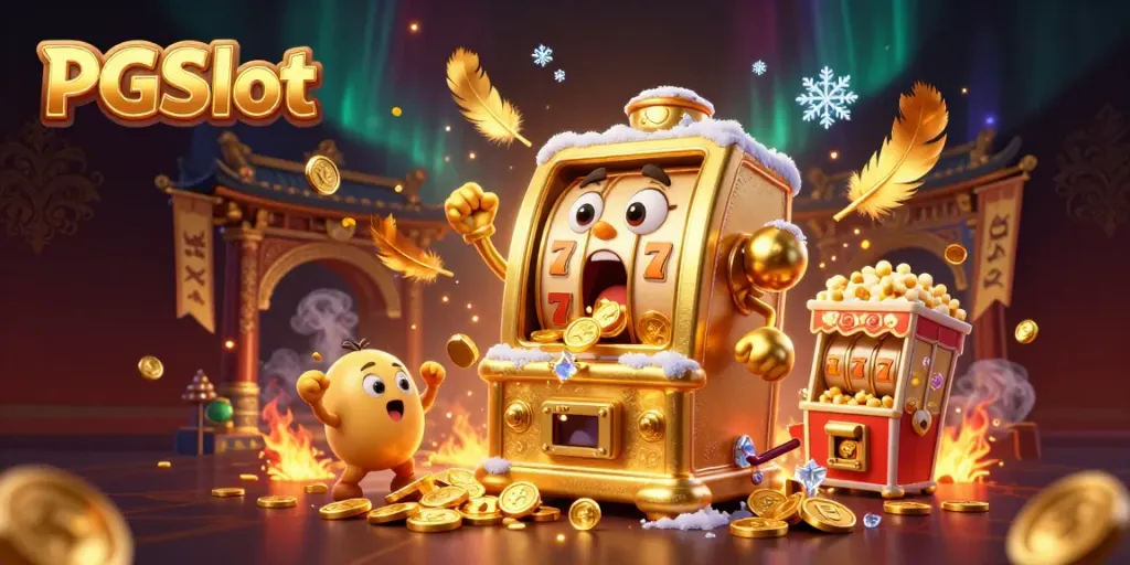 Experience the excitement of PGSlot as a golden machine hits a jackpot with coins pouring out!