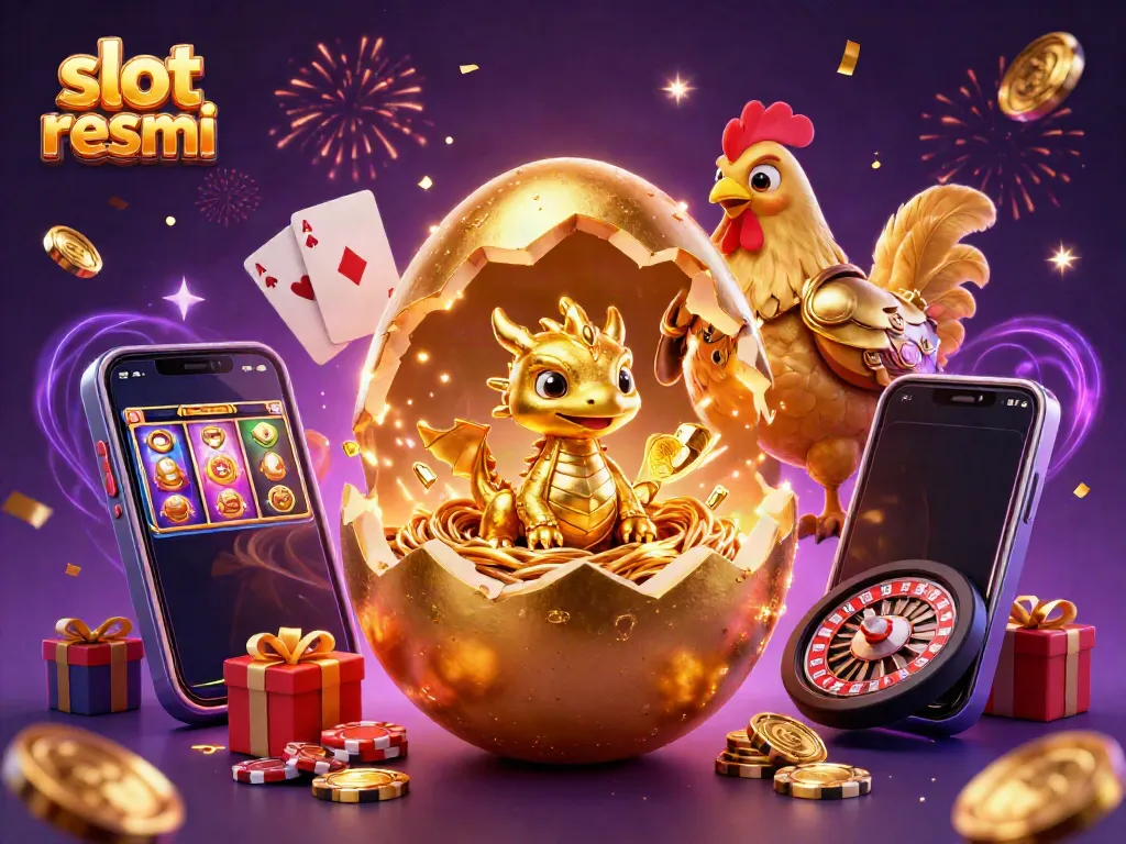 Engage with "slot resmi" featuring a golden dragon emerging from a nest of poker chips amidst casino elements.