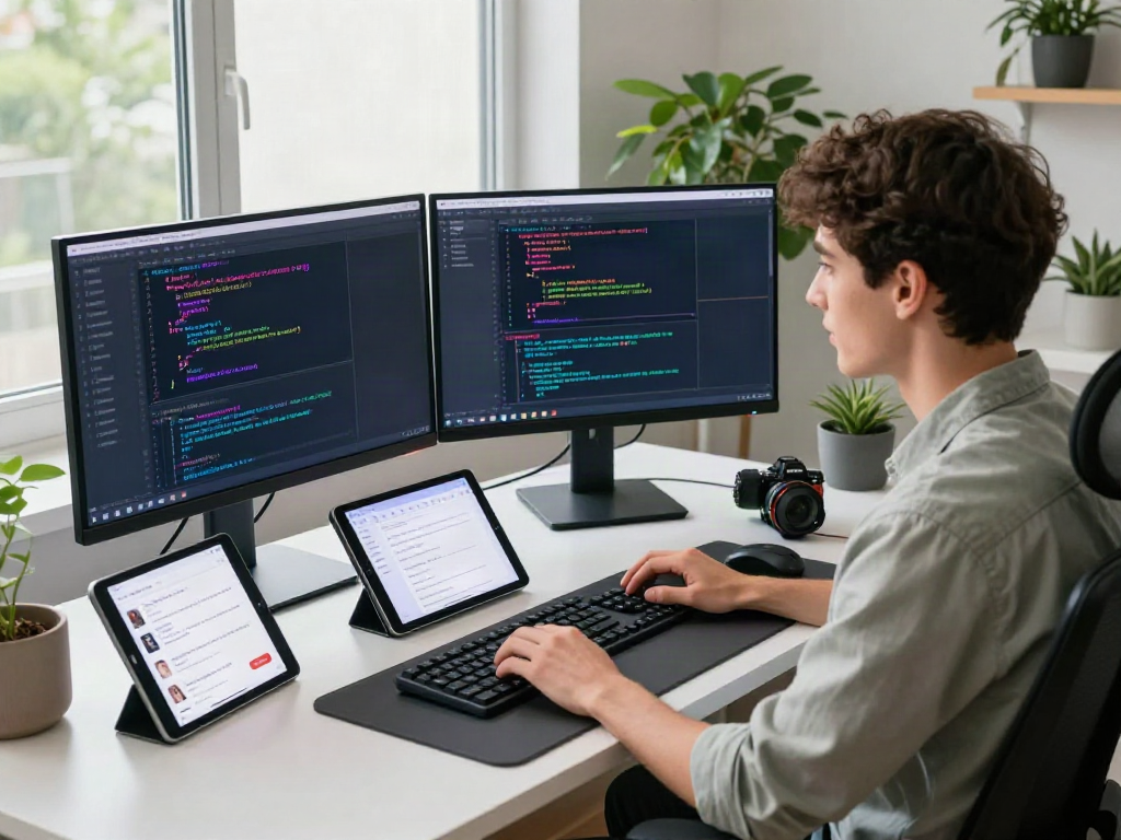 Pikashow APK download scene of a focused developer coding on multiple screens in a modern workspace, showcasing vibrant app interface.