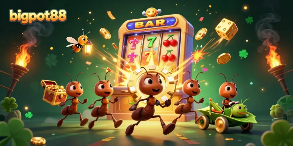 bigpot88 menghadirkan semangat judi dengan semut mencuri chip poker emas dan banyak elemen kasino menarik.