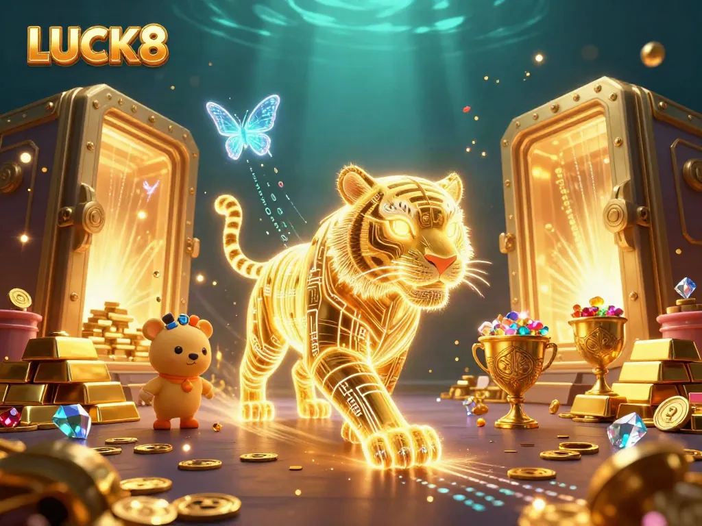 Engage with LUCK8 in a vibrant digital casino scene filled with treasures and glowing characters.