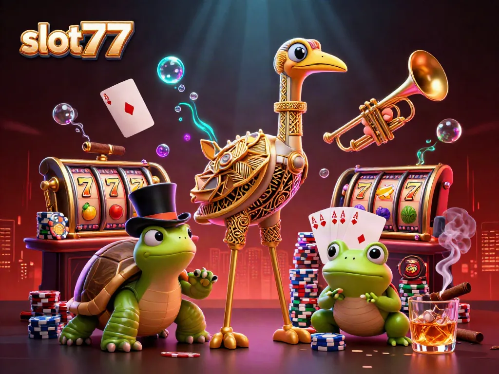 Win big with slot777 in this vibrant 3D scene featuring lively casino characters.