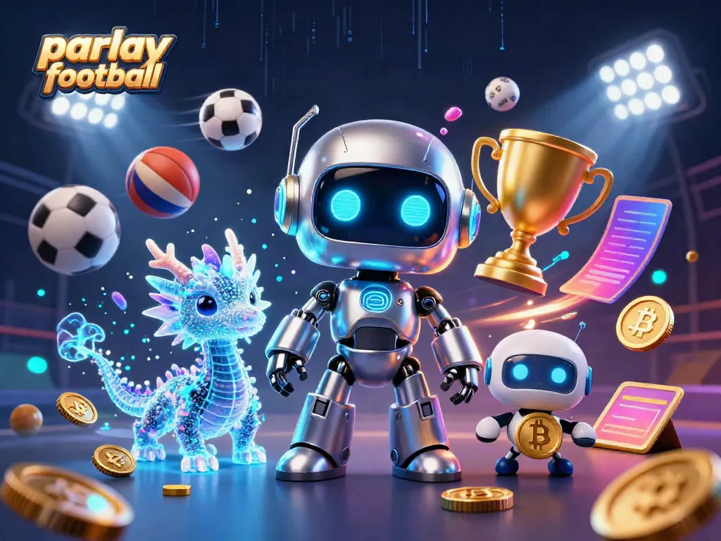 Experience the excitement of parlay football betting with dynamic 3D characters amidst sports elements.