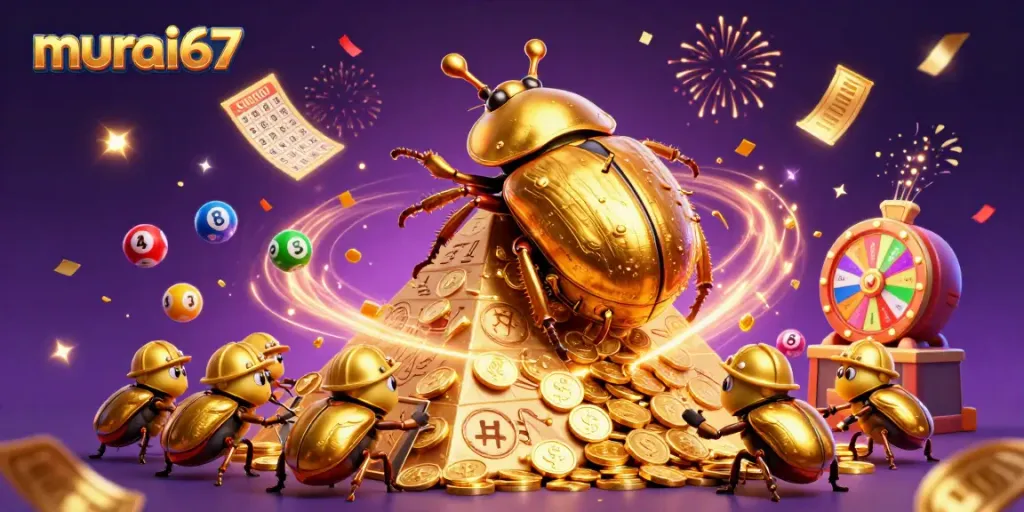 Murai67 captivates players with a vibrant scene of golden beetles bustling amid lottery balls and casino symbols.