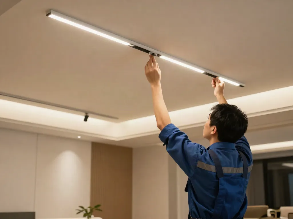 Instalare sina magnetică încastrată de către un contractor profesionist în servicii locale de iluminat.