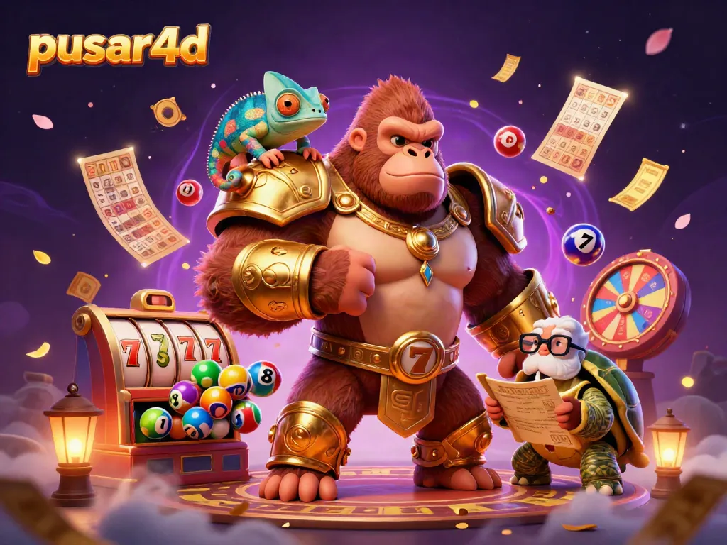 Bounce into excitement with pusar4d while a gorilla king, chameleon, and tortoise engage in thrilling slot action.