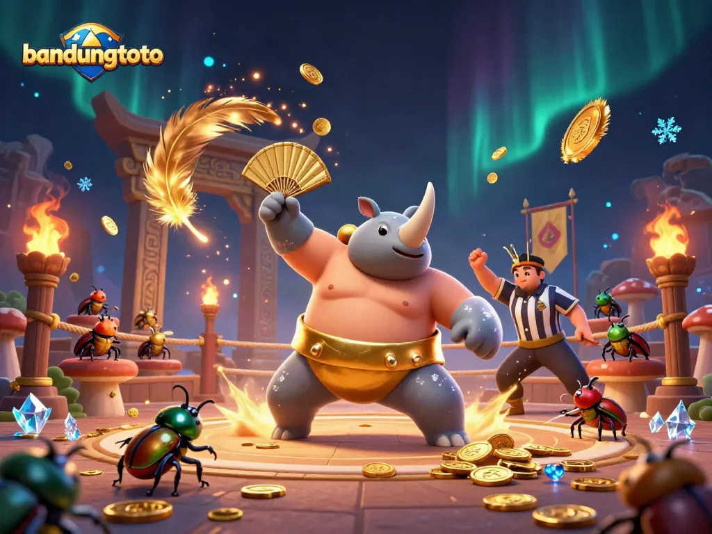Experience the thrill of bandungtoto as a sumo champion rhinoceros beetle stomps coins in an exciting casino arena.