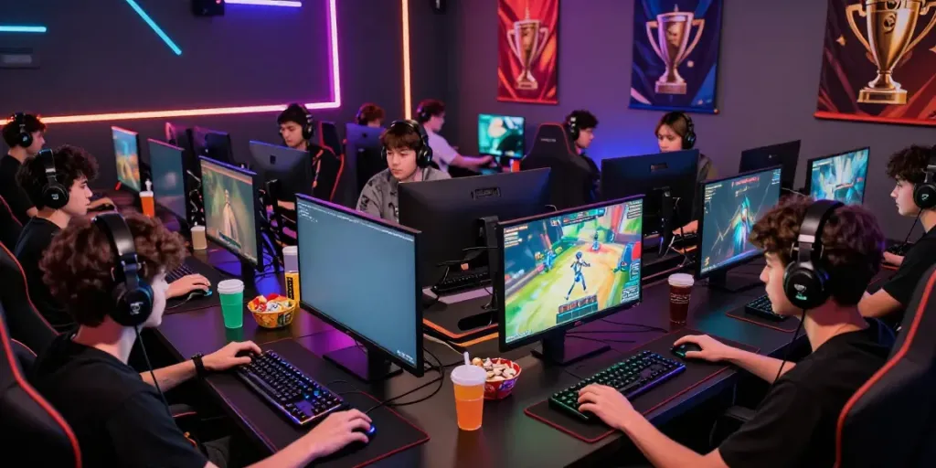 Exciting gaming scene showing gamers focused on competitive game online action with vibrant atmosphere.