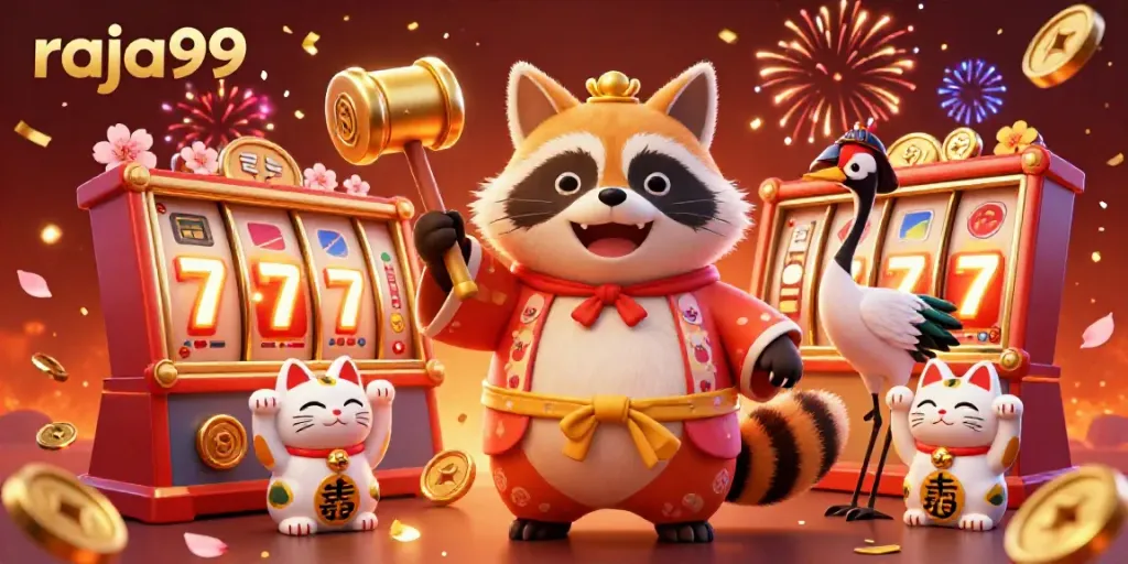 Experience raja99's vibrant casino atmosphere with a cheerful tanuki and fortune cats in action.