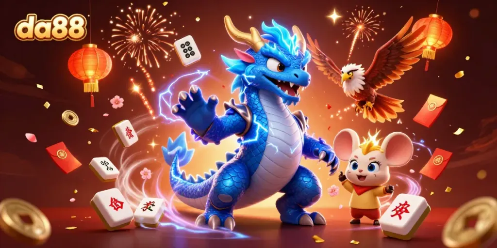 Experience the thrill of winning at da88 with vibrant gaming characters amidst a festive casino atmosphere.