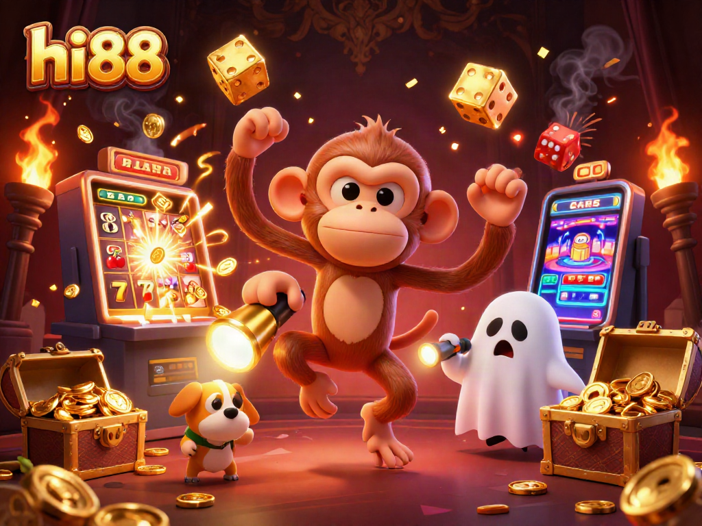 Experience the thrill of hi88 with a mischievous monkey and ghost-hunter puppy in a vibrant casino scene.