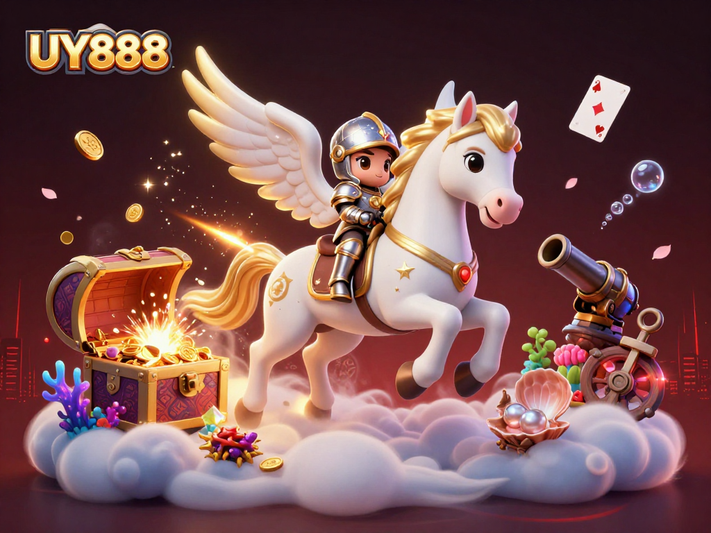 Experience thrilling action at UY888 with a celestial horse and knight amidst treasures and games.